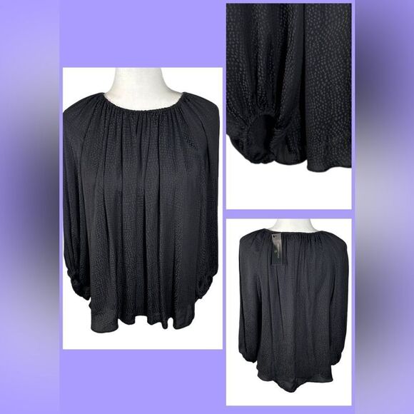 Worthington Black Silky Dot Print Flowy Balloon Sleeve Blouse - Picture 4 of 4